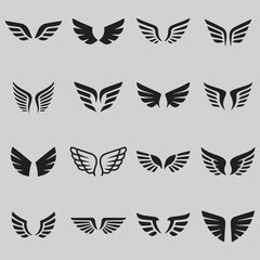 Obraz premium Wings Icon Set – Black Vector Wing Symbols Collection for Logo and Design
