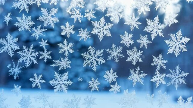 Close-up of intricate ice crystals forming delicate snowflake patterns on glass against a blurred, wintry blue background, creating a frozen winter scene
