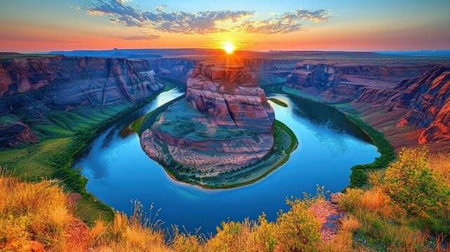 Canyon bend at sunrise, blue river winding below