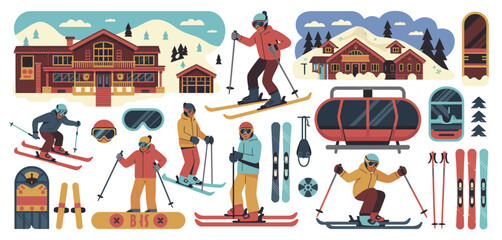 Ski Resort Winter Sports Illustration with People Skiing
