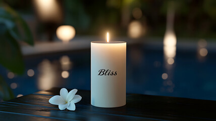 Lit candle with bliss text near flower against bokeh lights in a relaxing spa setting