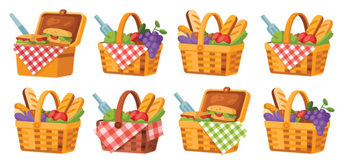 Assorted Picnic Baskets with Food and Drinks