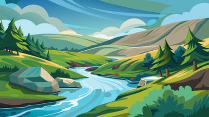 Obraz premium serene river landscape with rolling hills and cloudy sky illustration