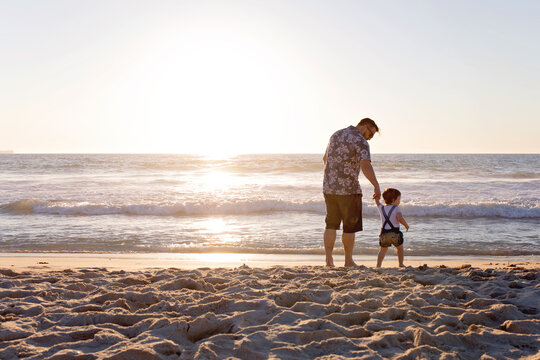 Father And Daughter Holding Hands On the Beach At Sunset