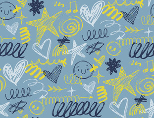 Cute trendy hand drawn doodle abstract pattern background, bag print, clothes fashion. 100% hand drawn vector image.