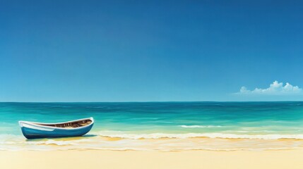 Fototapeta premium A quiet beach with gentle waves and fine golden sand, with a single boat anchored in the shallow turquoise water.