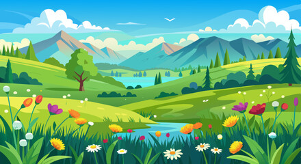 Fototapeta premium Spring Mountain Landscape with Wildflowers and Green Meadows Illustration