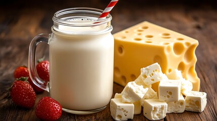 Artisanal milk and cheese pairing featuring ripe strawberries on wood table