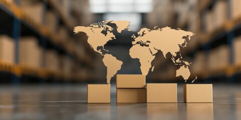 stacked shipping packages global. 3D cardboard boxes with a world map overlay in a warehouse setting.