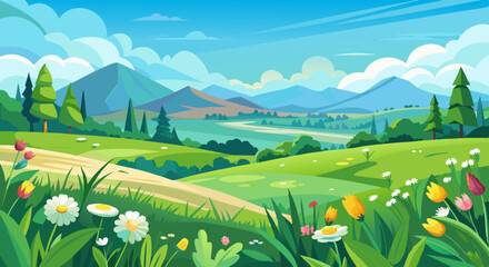Fototapeta premium Spring Mountain Landscape with Wildflowers and Green Meadows Illustration