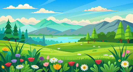 Fototapeta premium Spring Mountain Landscape with Wildflowers and Green Meadows Illustration