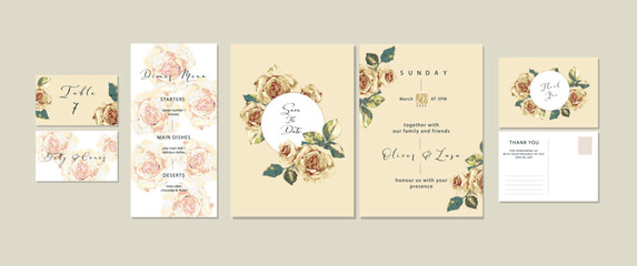 Elegant wedding invitation card with beautiful flowers and leaves