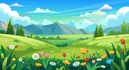 Naklejka premium Spring Mountain Landscape with Wildflowers and Green Meadows Illustration