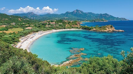 Obraz premium Coastline view with blue sea, beach, and mountains afar