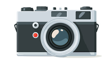 A digital illustration of a vintage film camera.  The camera is depicted in a front view, showcasing its black and silver body, large lens, and various buttons and controls.  The style is clean and