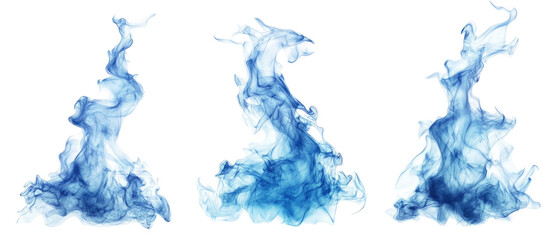 The image features three stylized blue smoke or flame shapes, conveying a sense of movement and fluidity.