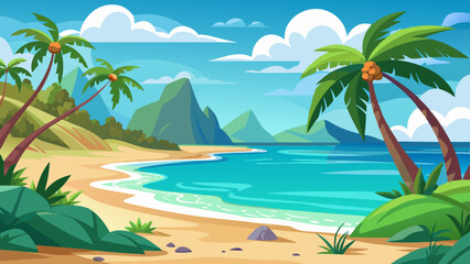 Obraz premium Tropical Beach Landscape with Palm Trees and Ocean View Illustration