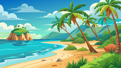 Obraz premium Tropical Beach Landscape with Palm Trees and Ocean View Illustration