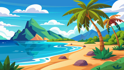 Obraz premium Tropical Beach Landscape with Palm Trees and Ocean View Illustration