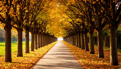 Autumn trees with an empty walking path in the middle, the path goes into the distance