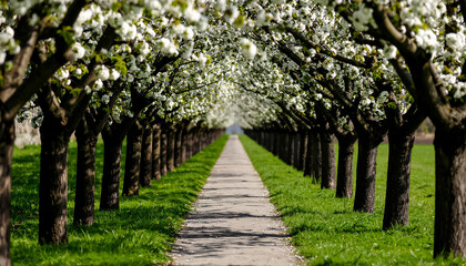 Fototapeta premium Spring blooming trees with an empty walking path in the middle, the path goes into the distance
