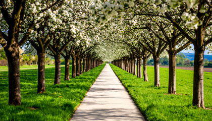 Obraz premium Spring blooming trees with an empty walking path in the middle, the path goes into the distance