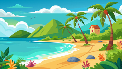Fototapeta premium Tropical Beach Landscape with Palm Trees and Ocean View Illustration