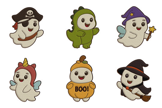 A playful  kawaii-style set of six Halloween ghosts in colorful costumes: pirate, dinosaur, unicorn, witch, pumpkin, and wizard in embroidery texture. Perfect for kids, crafts, digital planners