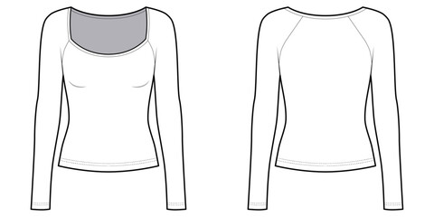 Women's Scoop Neck Long Sleeve Shirt, Raglan Sleeve, Slim Fit- Technical Illustration-Front and Back View- Cad/ Vector Illustration 