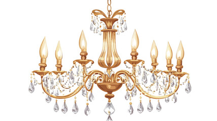 A digital illustration of an ornate gold and crystal chandelier against a white background. The chandelier features a central structure with multiple curving arms, each holding a candle-style light