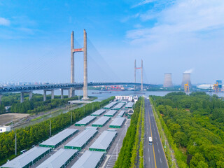 Aerial view of MinPu Bridge and Huangpu river in Shanghai.