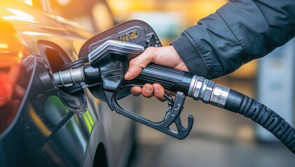 Fueling Up: A close-up shot of a person's hand gripping a fuel pump, dispensing gasoline into a vehicle's tank, with a focus on the essential process of fueling up a car.