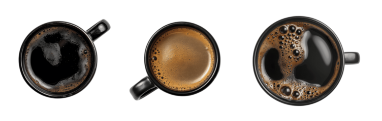 Three cups of coffee from different perspectives. The first cup is almost empty with just a bit of coffee left. The second cup is full of coffee with a light brown foam on top. 