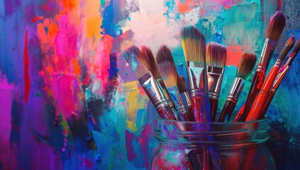 Paintbrushes Burst: Vivid paintbrushes saturated with color stand against a backdrop of abstract splashes in a dynamic display of creativity and artistic inspiration.
