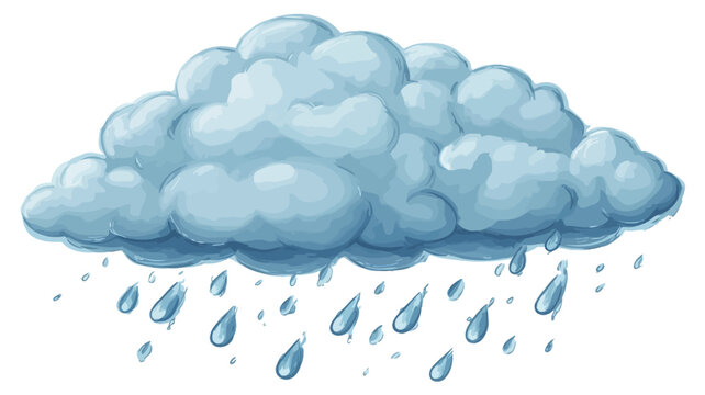 A cartoon illustration of a cumulus cloud with rain falling from it. The cloud is depicted in shades of light blue with a soft, textured appearance, suggesting a watercolor or painted style.  