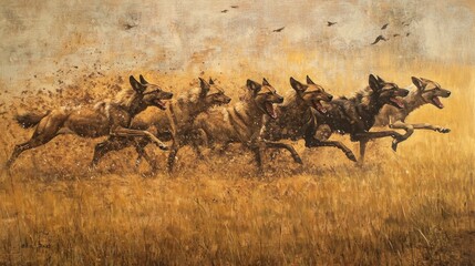 A pack of African wild dogs running across a golden savanna, dust flying behind them.