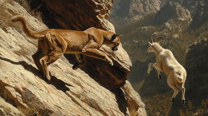 Cougar leaping to attack mountain goat on rocky cliff.
