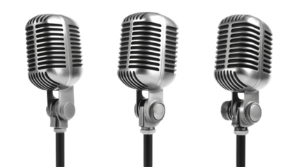Three vintage-style microphones arranged in a row, suggesting themes of music, performance, and communication.