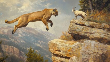 Cougar leaps across chasm towards mountain goat.