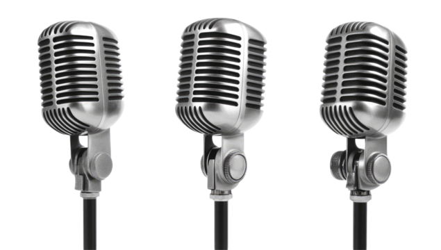 Three vintage-style microphones arranged in a row, suggesting themes of music, performance, and communication.