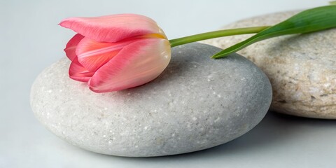 Fototapeta premium Pink tulips in a vase with a single blossom on white, embodying spring beauty and nature's balance