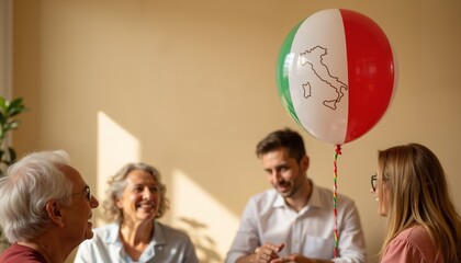 Group of elderly friends celebrating with Italian flag balloon indoors  