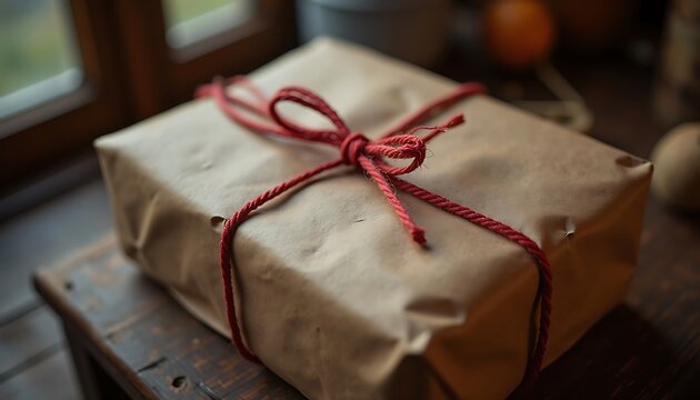 Gift box wrapped in brown paper tied with red string on wooden surface.