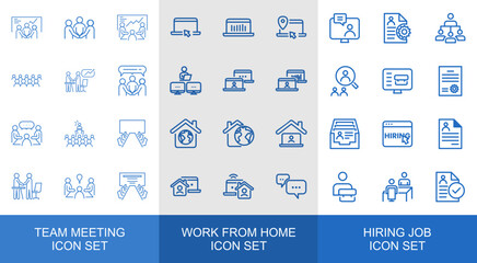 Business Meeting, Remote Work, and Recruitment Icon Set – Team Collaboration and Job Hiring Vector Pack