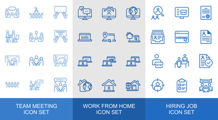 Business Meeting, Remote Work, and Recruitment Icon Set – Team Collaboration and Job Hiring Vector Pack