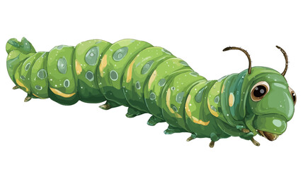 A digital illustration of a green caterpillar viewed from a slightly elevated angle against a plain white background.  The caterpillar is depicted in a cartoonish style with exaggerated features,