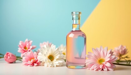 Glass bottle of pink liquid surrounded by pink and white flowers.