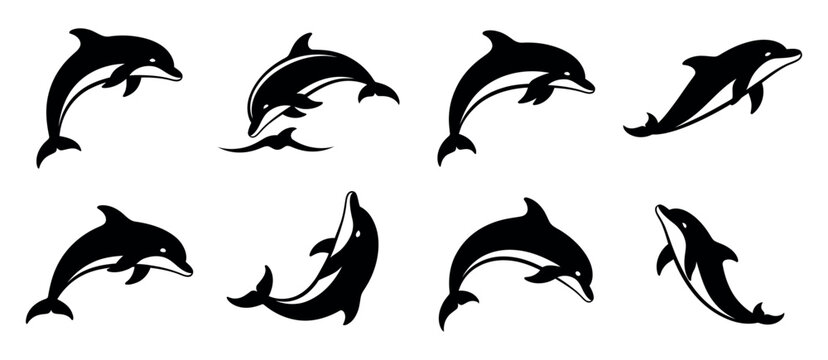 Dolphin fish black soild silhouette bundle isolated on white background, clip art logo icon set.