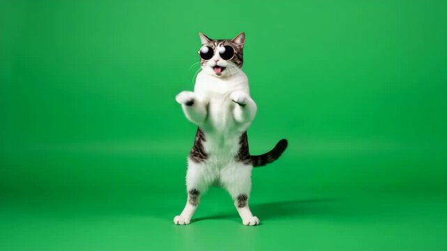 Playful Cat Dancing on Green Screen - A tuxedo cat wearing sunglasses playfully dances on a bright green screen. The cat is captured mid-motion, showcasing its energetic and fun personality.