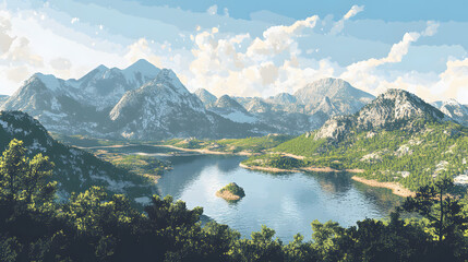 Serene Mountain Lake Surrounded by Lush Greenery and Snow-Capped Peaks